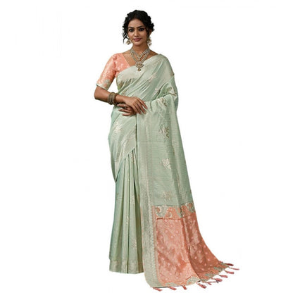 Generic Women's Linen Cotton Printed Saree With Unstitched Blouse 5.5Mtr (Pista Green)