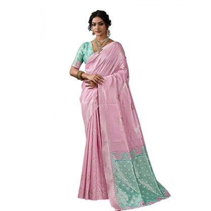 Generic Women's Linen Cotton Printed Saree With Unstitched Blouse 5.5Mtr (Pastel Pink)