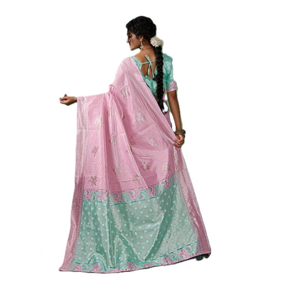 Generic Women's Linen Cotton Printed Saree With Unstitched Blouse 5.5Mtr (Pastel Pink)