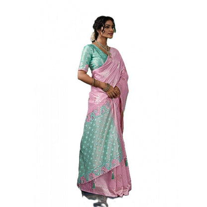 Generic Women's Linen Cotton Printed Saree With Unstitched Blouse 5.5Mtr (Pastel Pink)