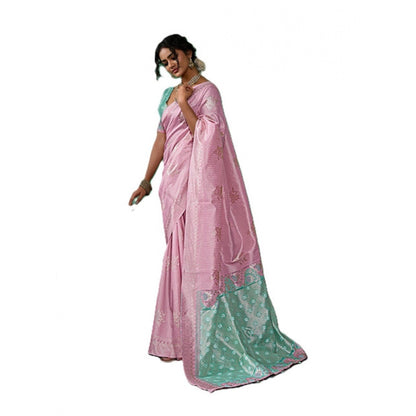Generic Women's Linen Cotton Printed Saree With Unstitched Blouse 5.5Mtr (Pastel Pink)