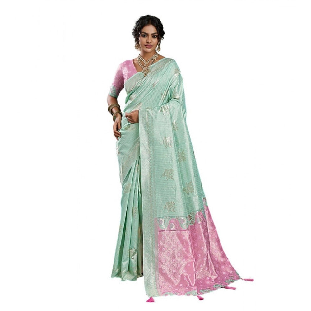 Generic Women's Linen Cotton Printed Saree With Unstitched Blouse 5.5Mtr (Sea Green)