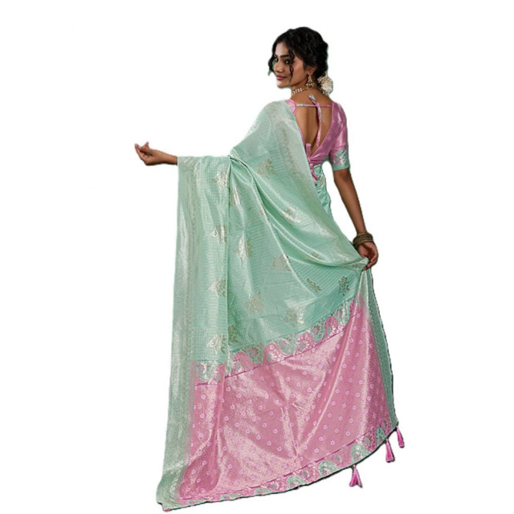 Generic Women's Linen Cotton Printed Saree With Unstitched Blouse 5.5Mtr (Sea Green)
