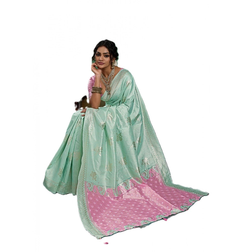 Generic Women's Linen Cotton Printed Saree With Unstitched Blouse 5.5Mtr (Sea Green)