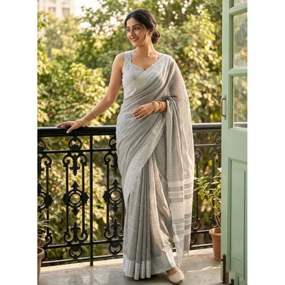 Generic Women's Linen Striped Saree With Unstitched Blouse 5.5Mtr (Gray)