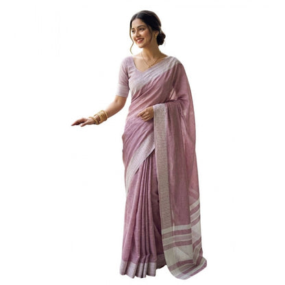 Generic Women's Linen Striped Saree With Unstitched Blouse 5.5Mtr (Magenta)