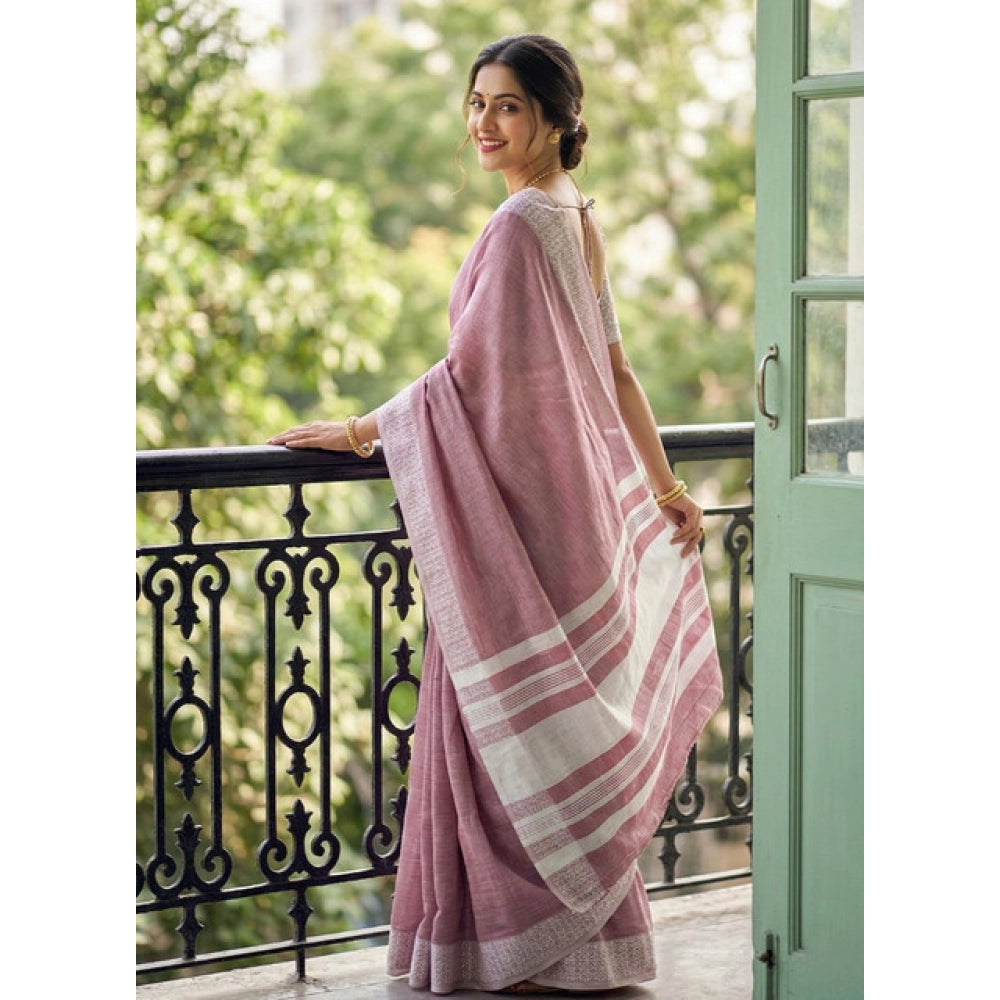 Generic Women's Linen Striped Saree With Unstitched Blouse 5.5Mtr (Magenta)