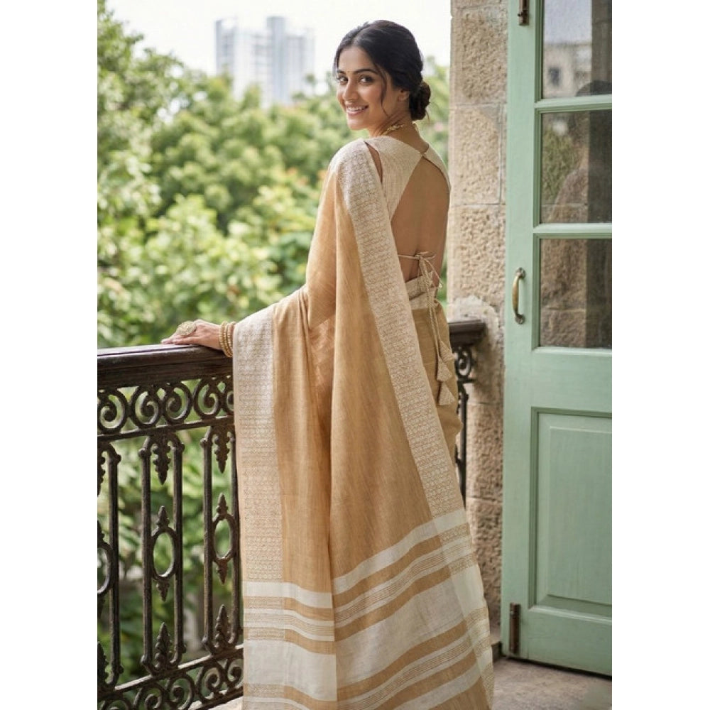 Generic Women's Linen Striped Saree With Unstitched Blouse 5.5Mtr (Mustard Yellow)