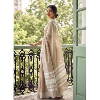 Generic Women's Linen Striped Saree With Unstitched Blouse 5.5Mtr (Lite Brown)