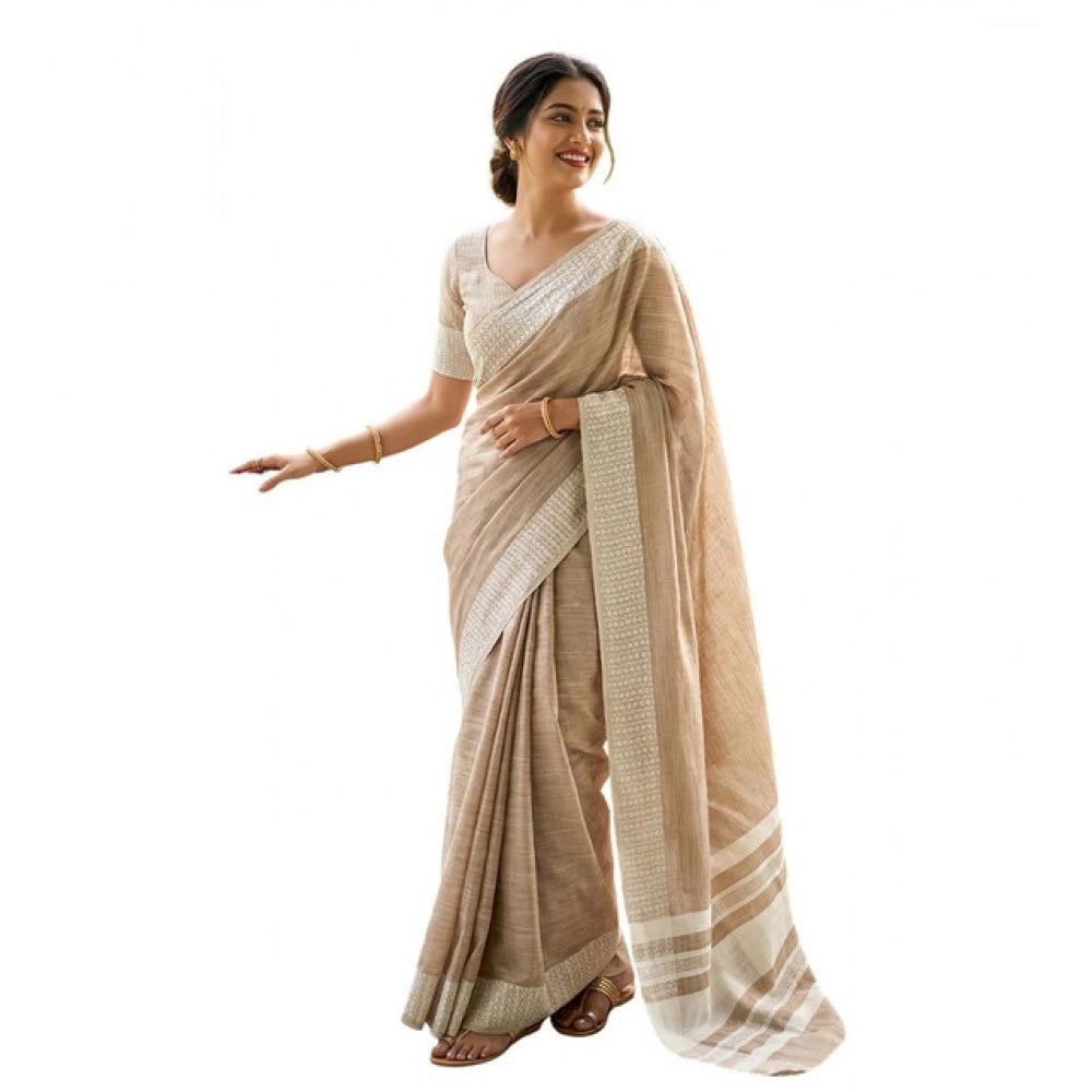 Generic Women's Linen Striped Saree With Unstitched Blouse 5.5Mtr (Lite Brown)
