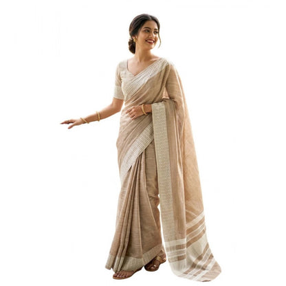 Generic Women's Linen Striped Saree With Unstitched Blouse 5.5Mtr (Lite Brown)