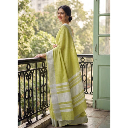 Generic Women's Linen Striped Saree With Unstitched Blouse 5.5Mtr (Light Green)