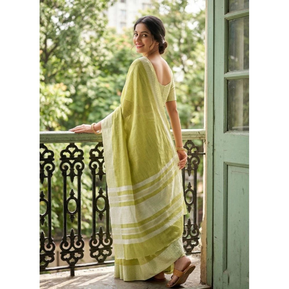 Generic Women's Linen Striped Saree With Unstitched Blouse 5.5Mtr (Light Green)