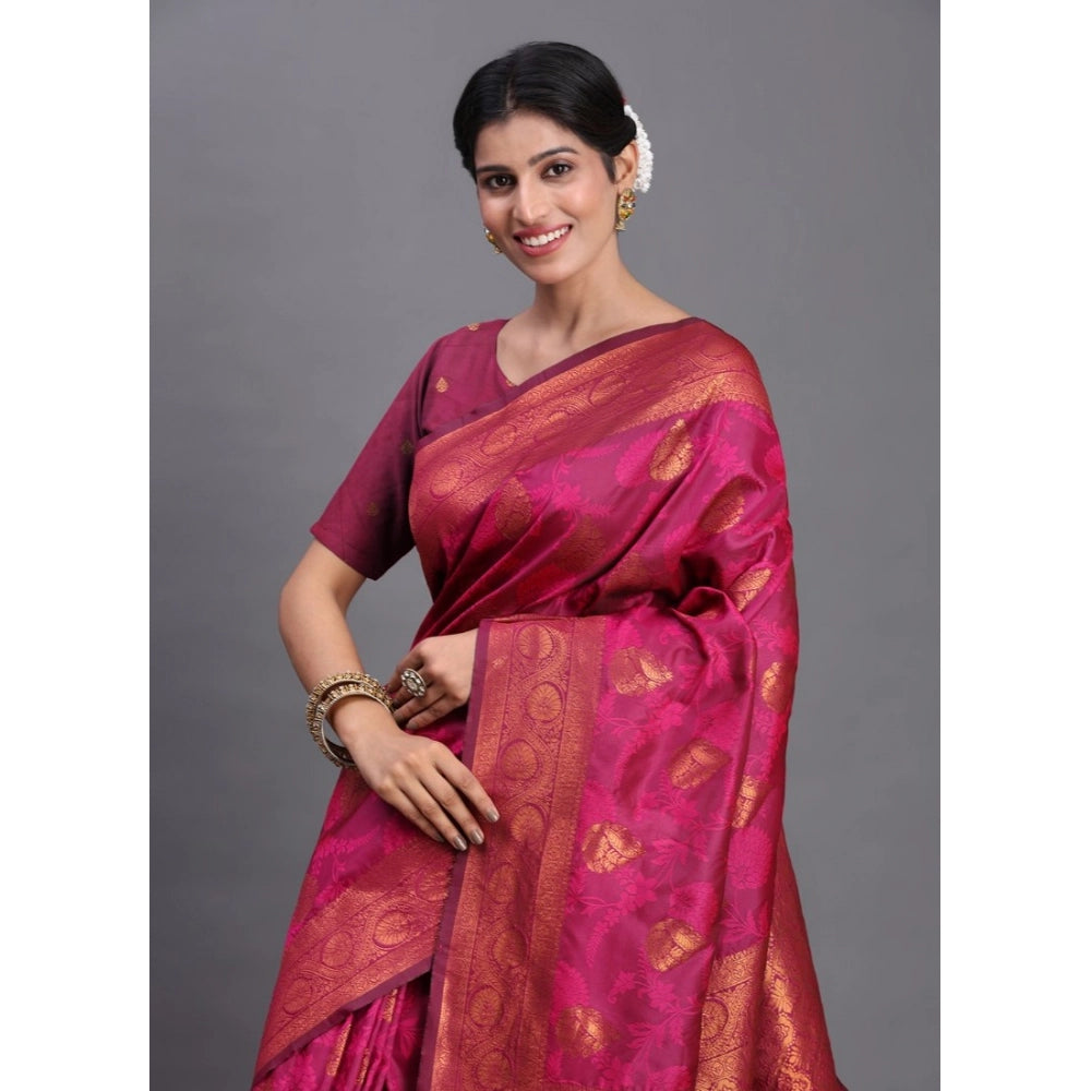 Generic Women's Silk Printed Saree With Unstitched Blouse 5.5Mtr (Magenta)