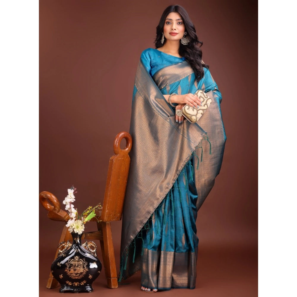 Generic Women's Banarasi Silk Printed Saree With Unstitched Blouse 5.5Mtr (Blue)