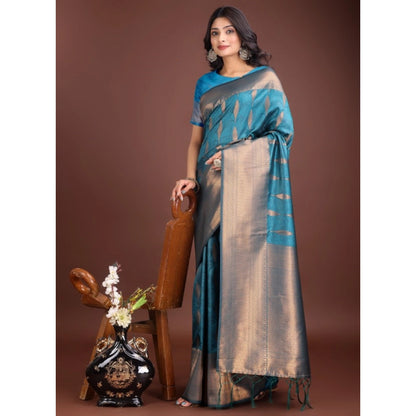 Generic Women's Banarasi Silk Printed Saree With Unstitched Blouse 5.5Mtr (Blue)