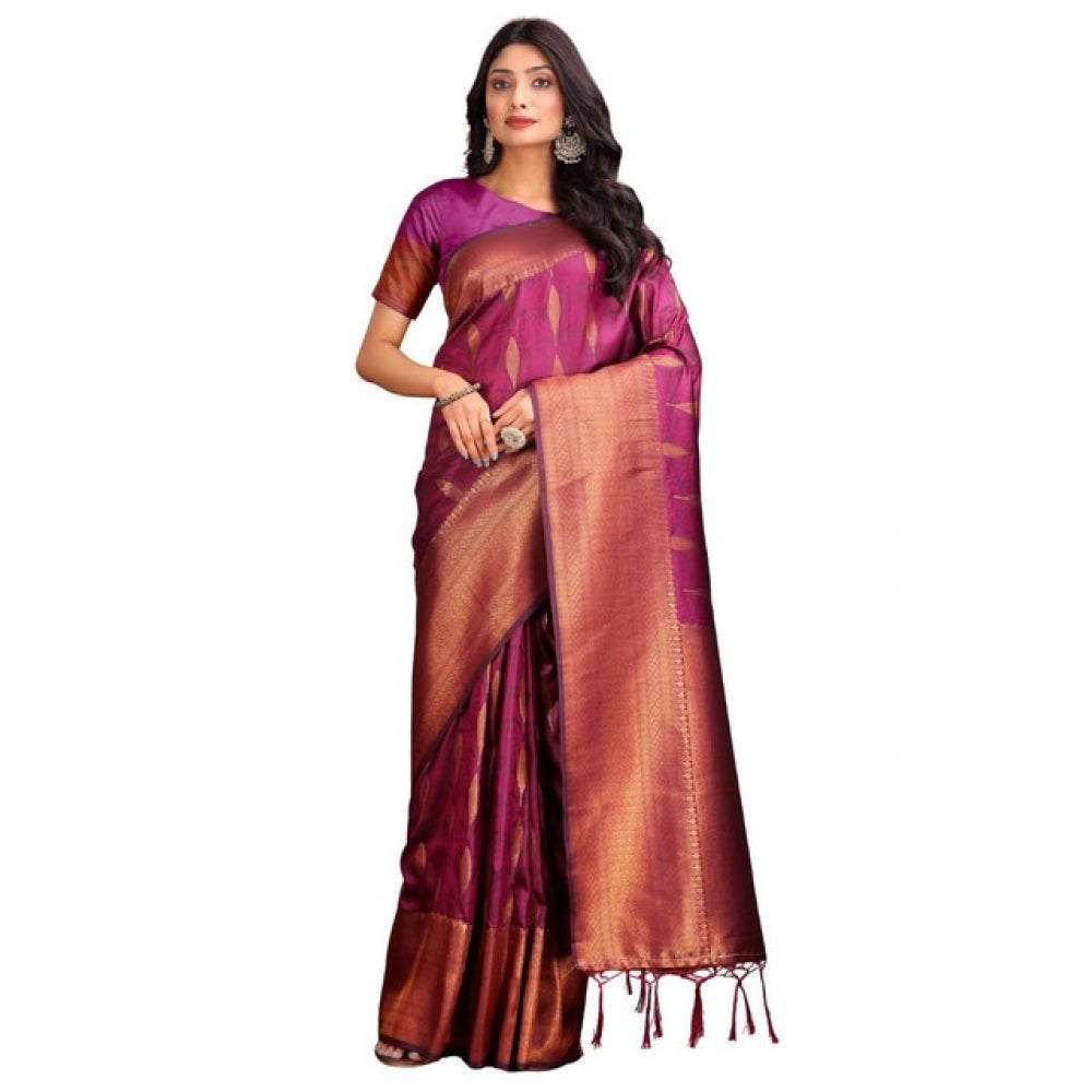 Generic Women's Banarasi Silk Printed Saree With Unstitched Blouse 5.5Mtr (Purple)