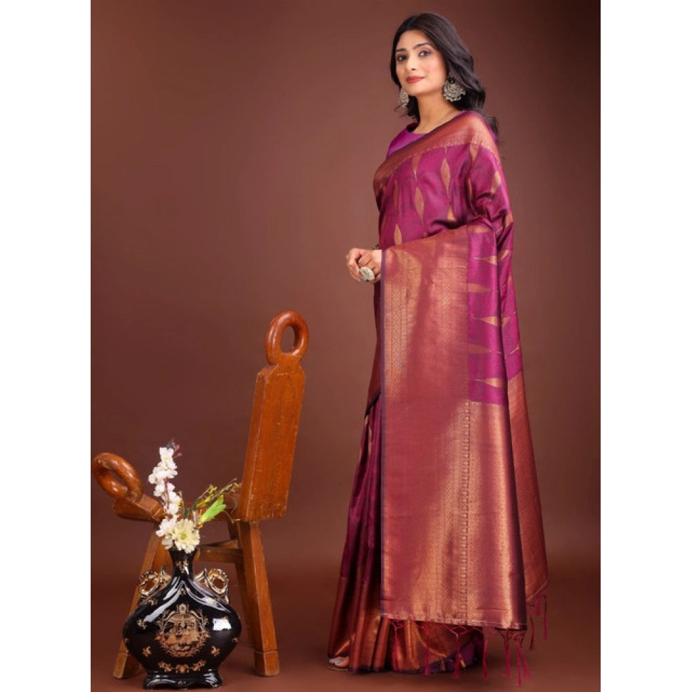 Generic Women's Banarasi Silk Printed Saree With Unstitched Blouse 5.5Mtr (Purple)