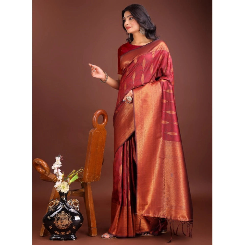Generic Women's Banarasi Silk Printed Saree With Unstitched Blouse 5.5Mtr (Maroon)