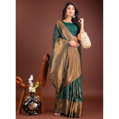 Generic Women's Banarasi Silk Printed Saree With Unstitched Blouse 5.5Mtr (Green)