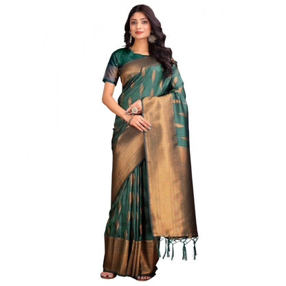 Generic Women's Banarasi Silk Printed Saree With Unstitched Blouse 5.5Mtr (Green)