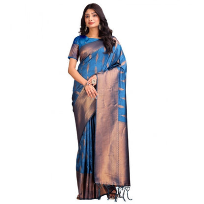 Generic Women's Banarasi Silk Printed Saree With Unstitched Blouse 5.5Mtr (Royal Blue)