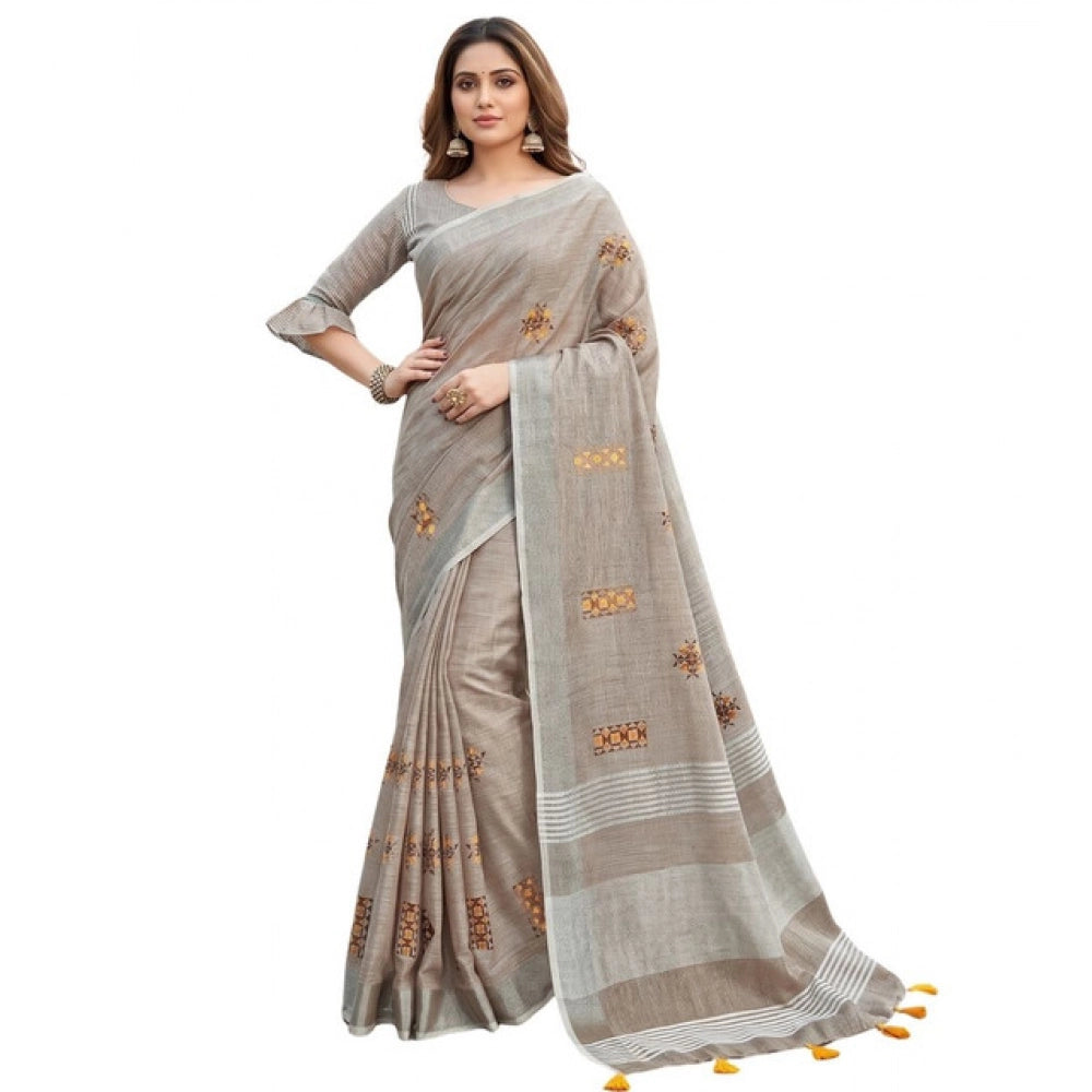 Generic Women's Linen Embroidered Saree With Unstitched Blouse 5.5Mtr (Light Beige)