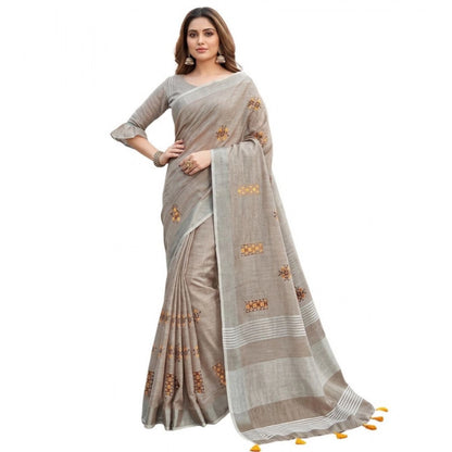 Generic Women's Linen Embroidered Saree With Unstitched Blouse 5.5Mtr (Light Beige)