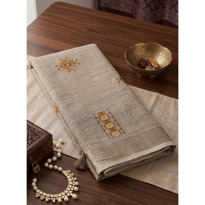 Generic Women's Linen Embroidered Saree With Unstitched Blouse 5.5Mtr (Light Beige)