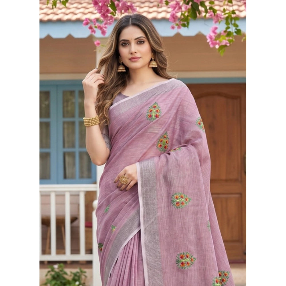 Generic Women's Linen Embroidered Saree With Unstitched Blouse 5.5Mtr (Light Purple)