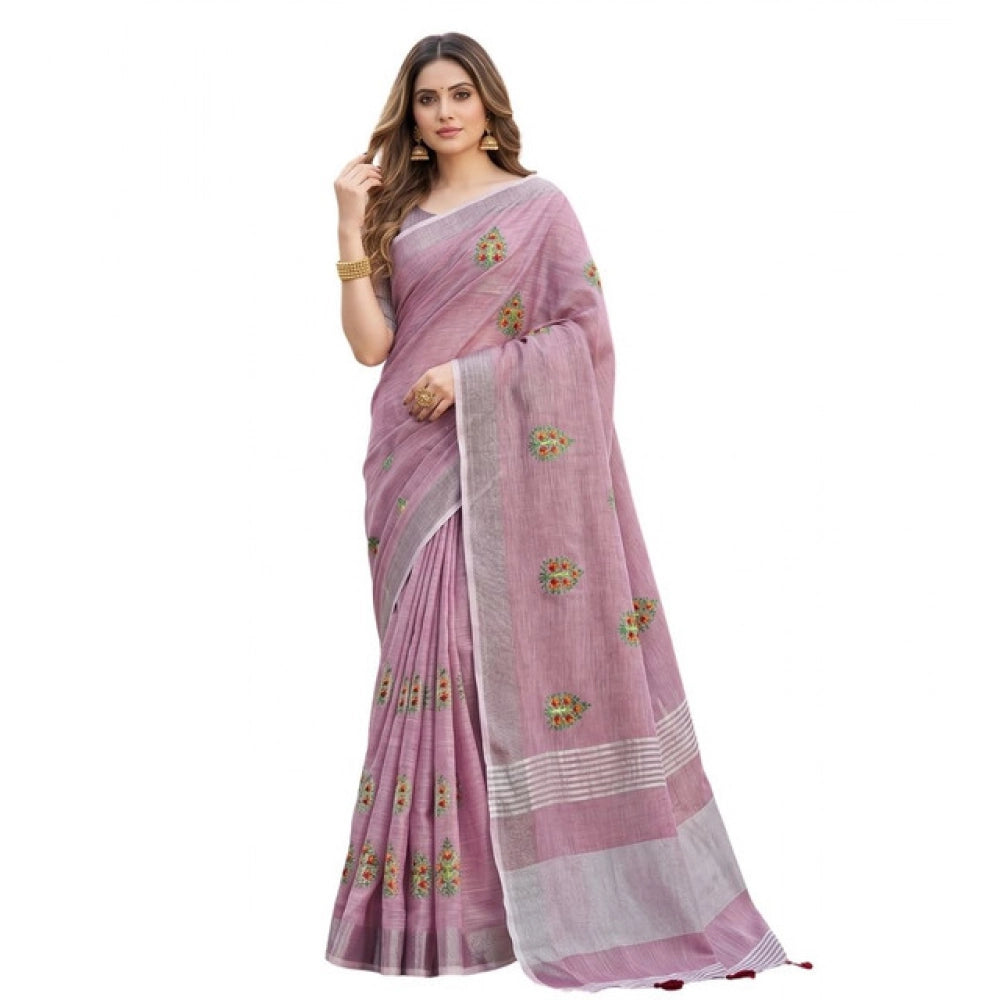 Generic Women's Linen Embroidered Saree With Unstitched Blouse 5.5Mtr (Light Purple)