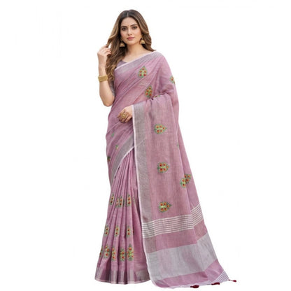 Generic Women's Linen Embroidered Saree With Unstitched Blouse 5.5Mtr (Light Purple)