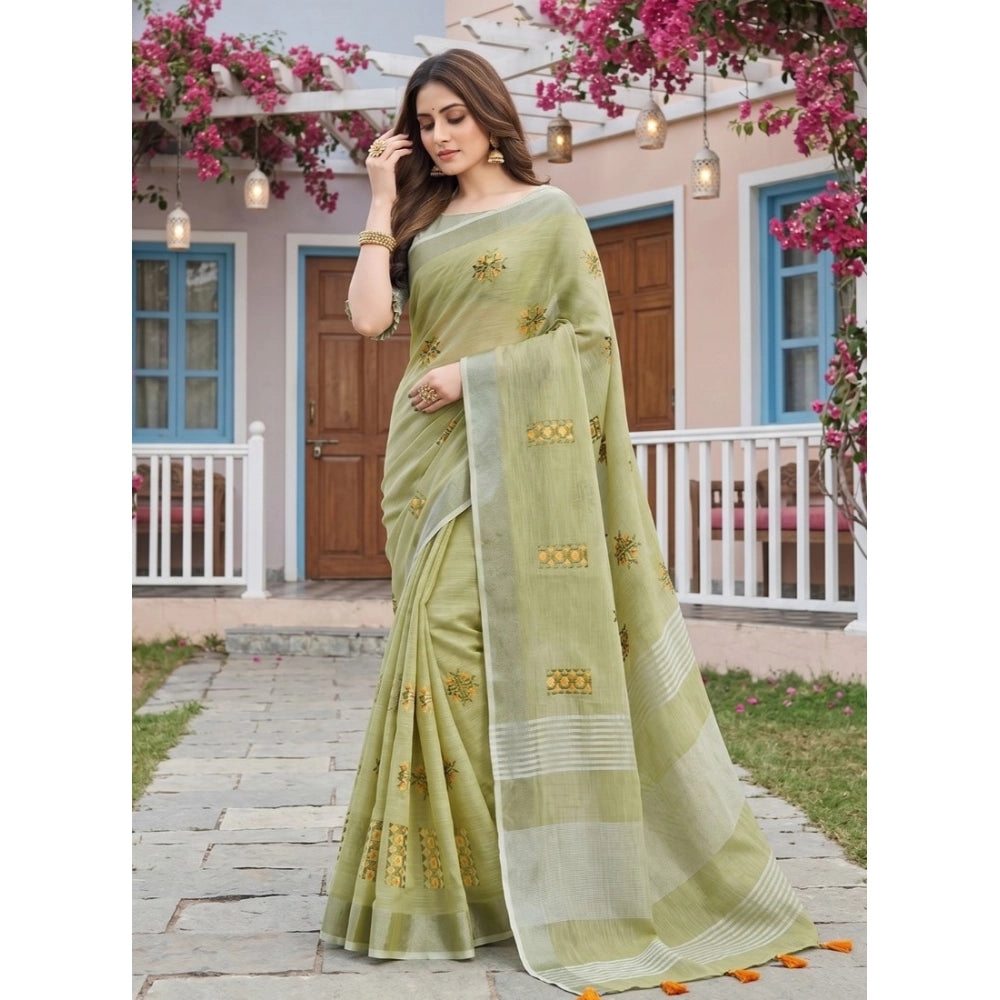 Generic Women's Linen Embroidered Saree With Unstitched Blouse 5.5Mtr (Light Green)