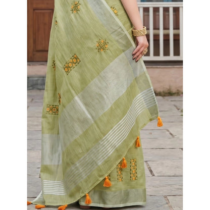Generic Women's Linen Embroidered Saree With Unstitched Blouse 5.5Mtr (Light Green)