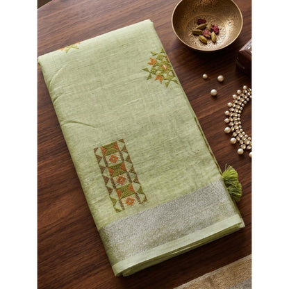 Generic Women's Linen Embroidered Saree With Unstitched Blouse 5.5Mtr (Light Green)