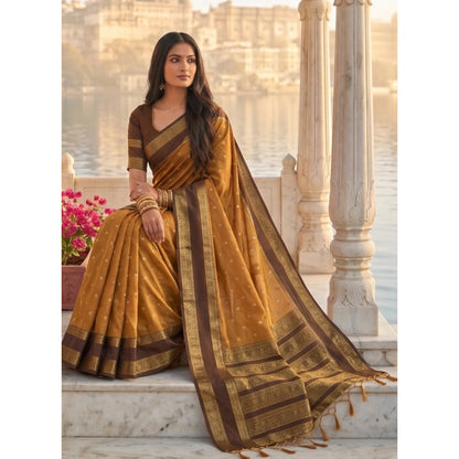 Generic Women's Silk Blend Printed Saree With Unstitched Blouse 5.5Mtr (Mustard-Brown)
