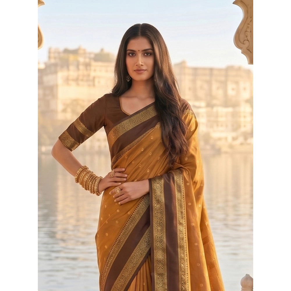 Generic Women's Silk Blend Printed Saree With Unstitched Blouse 5.5Mtr (Mustard-Brown)