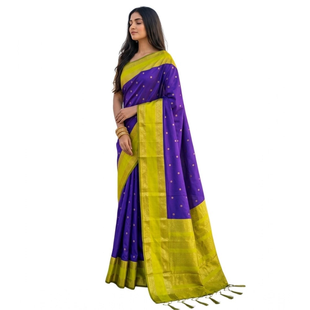 Generic Women's Silk Blend Printed Saree With Unstitched Blouse 5.5Mtr (Purple-Green)