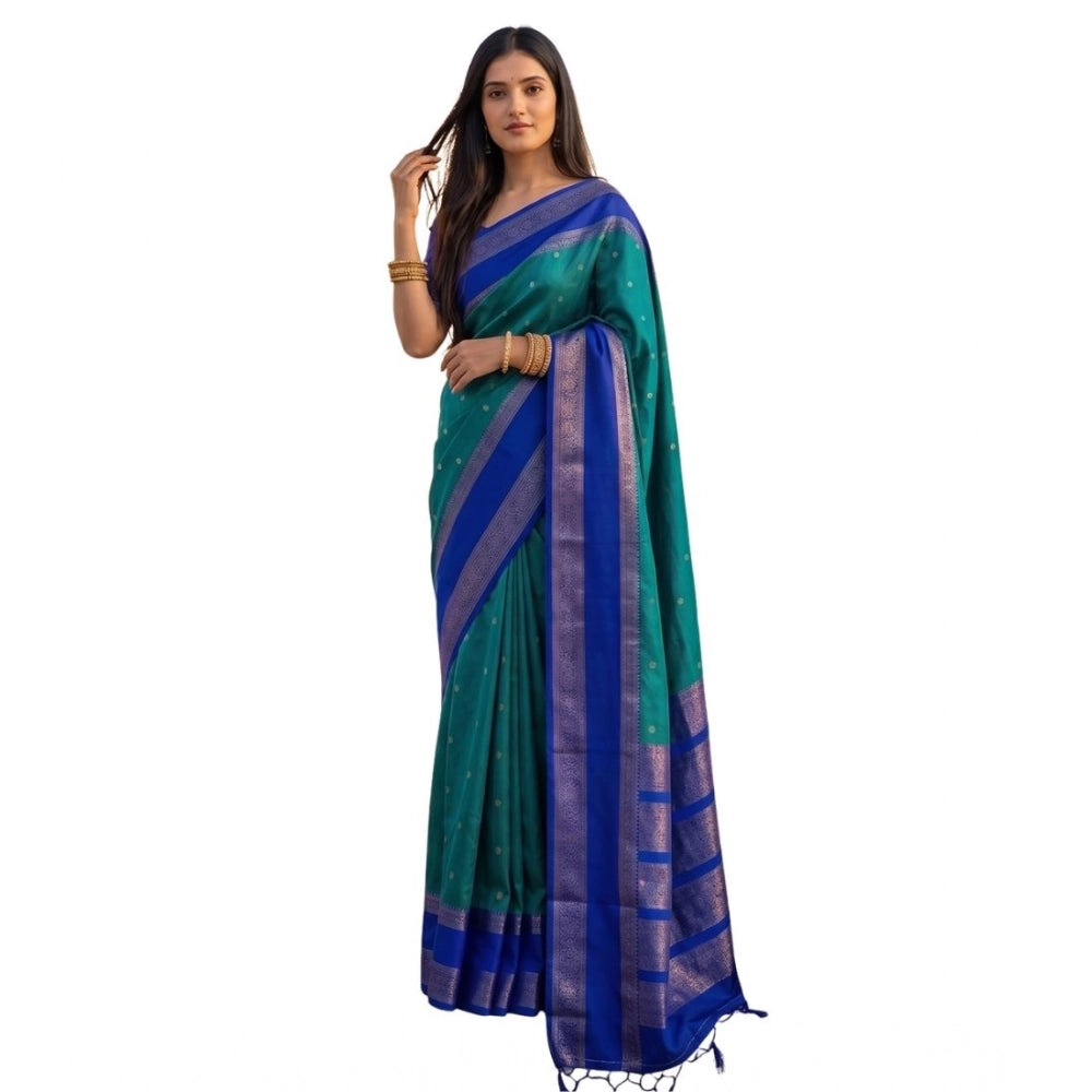 Generic Women's Silk Blend Printed Saree With Unstitched Blouse 5.5Mtr (Teal-Blue)