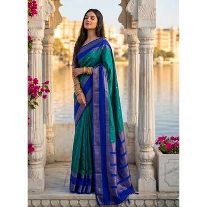 Generic Women's Silk Blend Printed Saree With Unstitched Blouse 5.5Mtr (Teal-Blue)