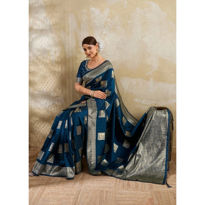 Generic Women's Silk Blend Printed Saree With Unstitched Blouse 5.5Mtr (Teal Blue)