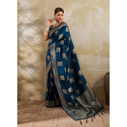 Generic Women's Silk Blend Printed Saree With Unstitched Blouse 5.5Mtr (Teal Blue)