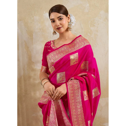 Generic Women's Silk Blend Printed Saree With Unstitched Blouse 5.5Mtr (Magenta)