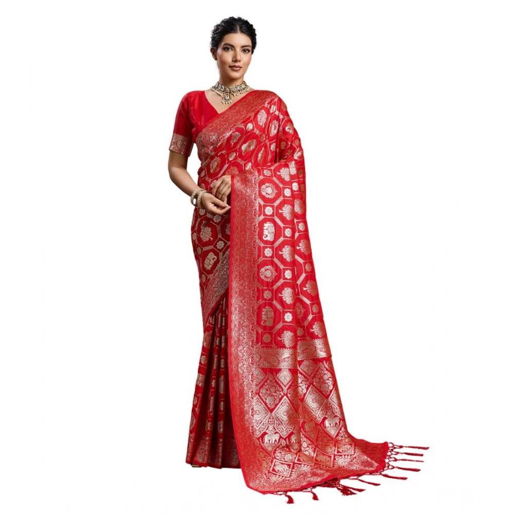 Generic Women's Silk Blend Printed Saree With Unstitched Blouse 5.5Mtr (Red)