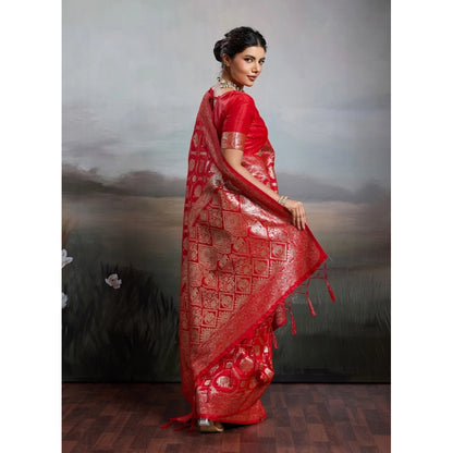 Generic Women's Silk Blend Printed Saree With Unstitched Blouse 5.5Mtr (Red)
