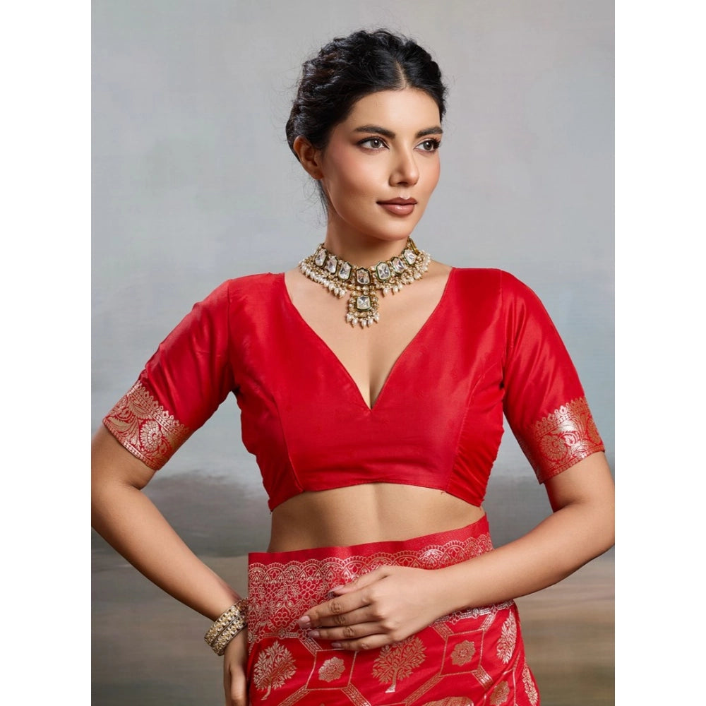 Generic Women's Silk Blend Printed Saree With Unstitched Blouse 5.5Mtr (Red)