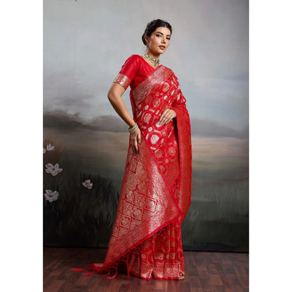 Generic Women's Silk Blend Printed Saree With Unstitched Blouse 5.5Mtr (Red)