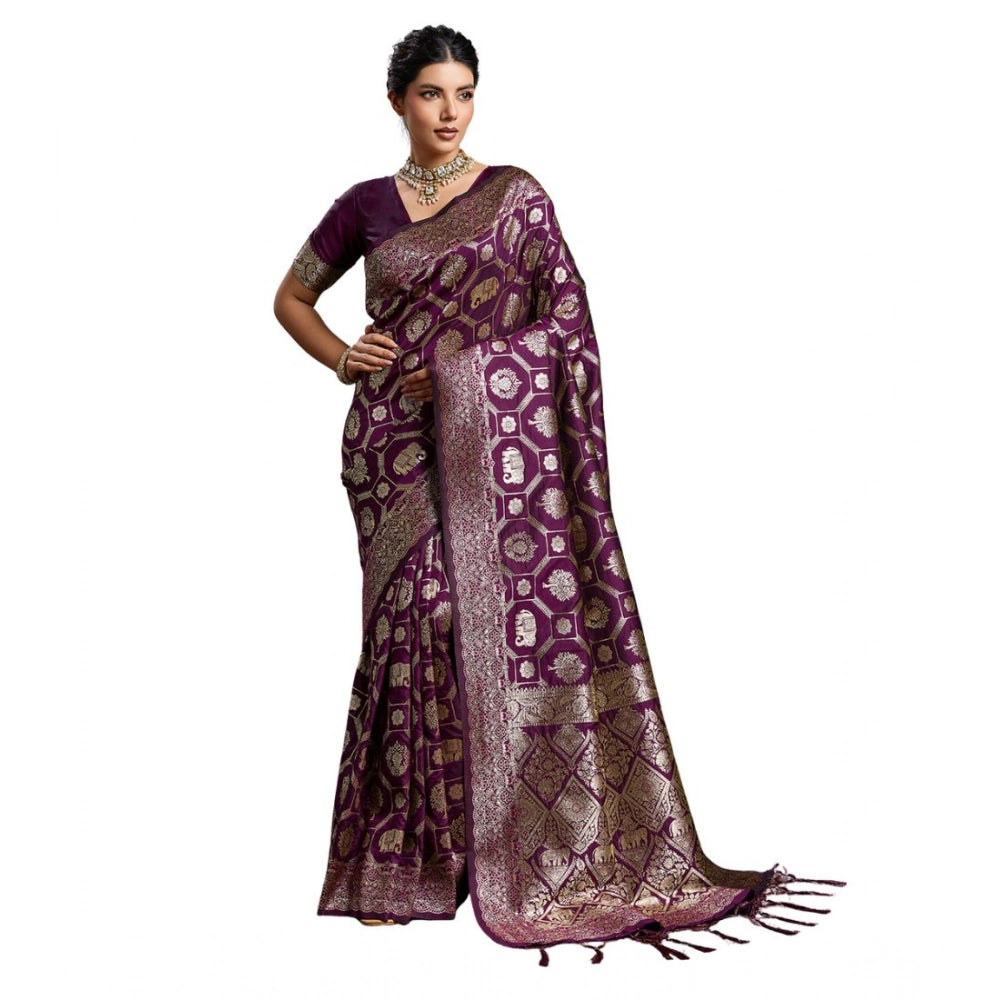Generic Women's Silk Blend Printed Saree With Unstitched Blouse 5.5Mtr (Wine)