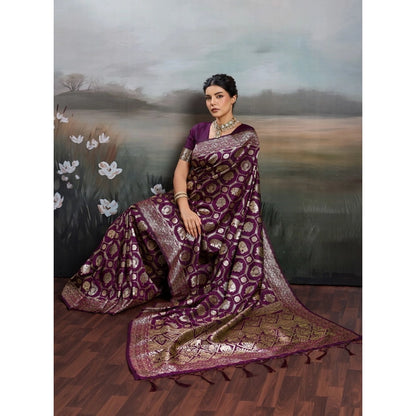 Generic Women's Silk Blend Printed Saree With Unstitched Blouse 5.5Mtr (Wine)
