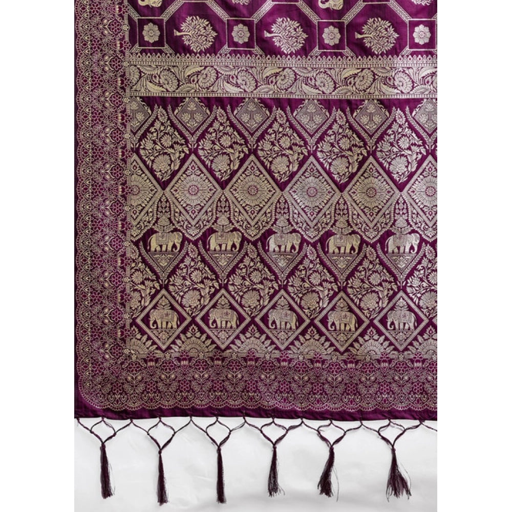 Generic Women's Silk Blend Printed Saree With Unstitched Blouse 5.5Mtr (Wine)